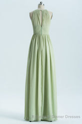 Sage Green Chiffon High Neck Long Bridesmaid Dress